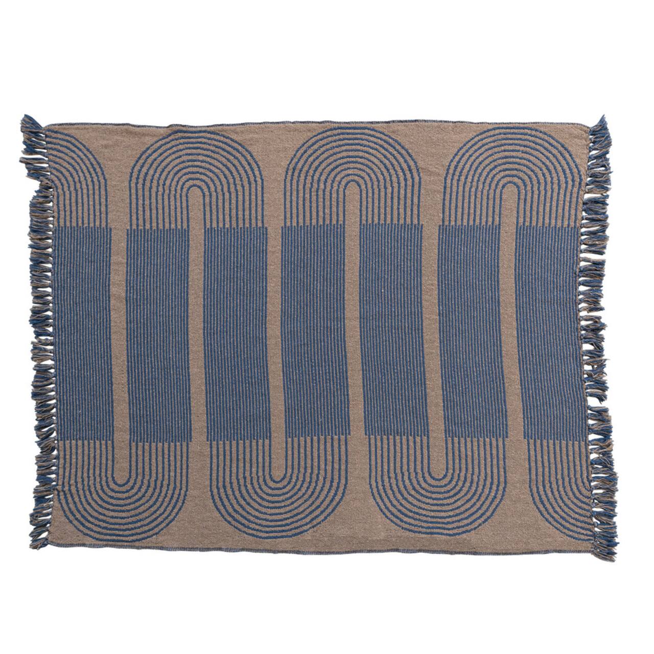 Bloomingville Blue &#x26; Beige Modern Recycled Cotton Throw Blanket with Print &#x26; Fringe